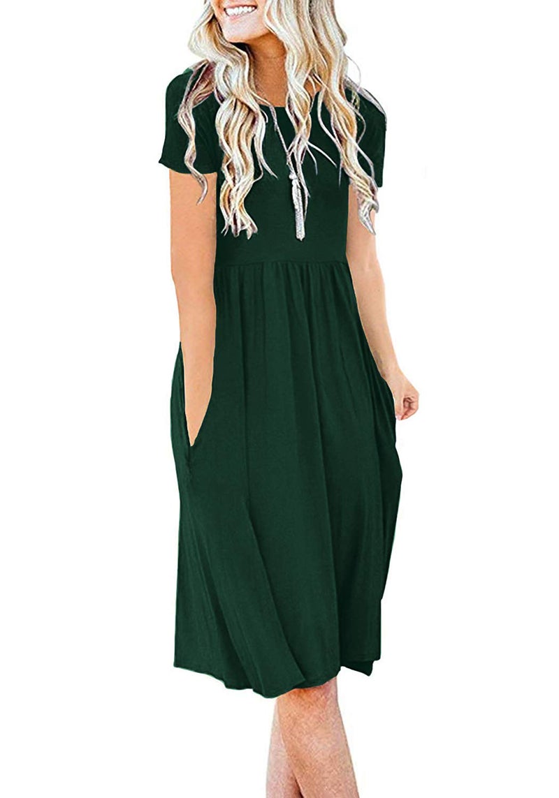 DB MOON Women Summer Casual Short Sleeve Dresses Empire Waist Knee Length Dress with Pockets (Dark Green, L) - Image 1